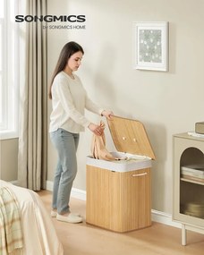 Szennyeskosár fedéllel, 2 rekeszes, 120 literes, bambusz szennyestartó, natúr