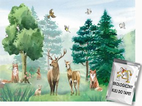 Fotótapéta Flizelina Erdő Fák Állatok Szarvas Róka Nyúl Madár 100x75 ragasztó