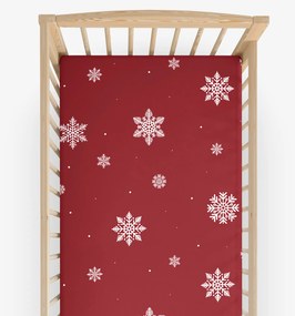 Goldea gyermek gumis pamut lepedő kiságyba - hópelyhek piros alapon 60 x 120 cm