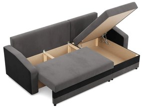 Hewlet sarokkanapé, 2 ágyneműtartóval, szövet anyag, univerzális oldal, bonell töltet, szürke - fekete