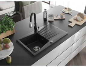 Mexen Cesar, 1 kamrás gránit mosogató 775x470x190 mm és Savita mosogató csaptelep, fekete, 6514-77-672601-70