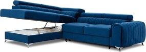 Kék bársony kinyitható-tárolóhelyes sarokkanapé (bal oldali-L alakú) Laurence – ELTAP