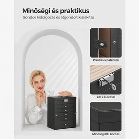 Zárható ékszerdoboz 6 szinttel, 5 fiókkal és tükörrel, fekete