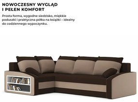 Grande sarokkanapé polcokkal , polc a bal karfaban, baloldali, szövet anyag, hab töltet, barna