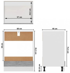 betonszürke szerelt fa sütőszekrény 60 x 46 x 81,5 cm
