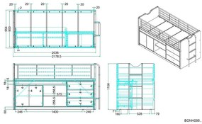 Fehér-szürke ágyneműtartós galéria gyerekágy íróasztallal, ágyráccsal 90x200 cm Bonny – Vipack