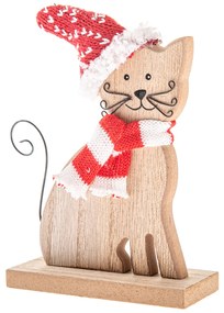 Fa macska kötött sállal és sapkával, 14 cm