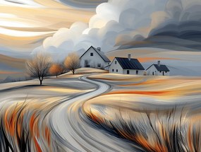 Vászonkép Canvas Tájkép Falu Mező Házak Ég Felhők 80x60