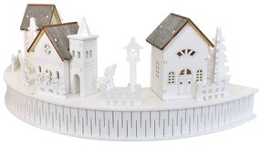Fából készült LED-es dekoráció: Falucskatemplommal, 40 x 14 x 20 cm, félkör alakú
