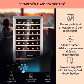 Klarstein Vinamour 32 Uno, borhűtő, 95 liter, 36 palack, 4-18 °C, 1 zóna, érintésvezérlés