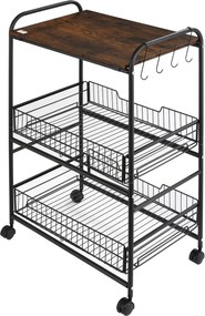 HOMCOM 3-Tier Görgős Használati Kocsi Zöldségtartó 2 Kosárral és 4 Akasztóval Étkezőbe és Nappaliba 60x38x85.5 cm Rusztikus Barna | Aosom