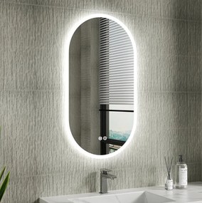 Erga Demi, ovális LED tükör 50x90cm, 3 fényszín, elülső világítás, páramentes fűtőpárna, ERG-V01-DEMI-5090-CL