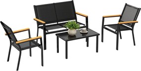 Outsunny 4 részes kültéri kerti bútorszett – 2 személyes kanapé, 2 fotel és edzett üveg kávézóasztal, Textilene huzat, széles kompozit karfák, fekete