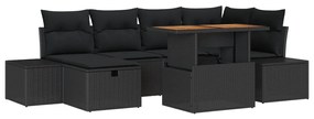 7 darabos Kerti Étkező Garnitúra Párnákkal Fekete Poly Rattan Akácia