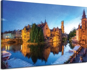 Vászonkép Folyó Város Este Olaj Stílus 120x80 cm