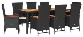 9 részes fekete polyrattan kerti étkezőgarnitúra párnákkal
