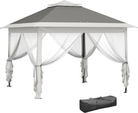 Outsunny Felszerelhető Kerti Pavilon 3.3x3.3 m Magasságállító 3 Szinten Szúnyoghálóval, Oldalfalakkal és Táskával, Kültéri Pavilon Kéttetős Fém Tetőve