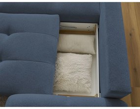 Kék zsenília kinyitható-tárolóhelyes sarokkanapé (bal oldali-heverő résszel) Roxelane – Bobochic Paris