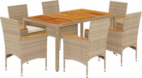 vidaXL 7 részes bézs polyrattan/akácfa kerti étkezőgarnitúra párnákkal