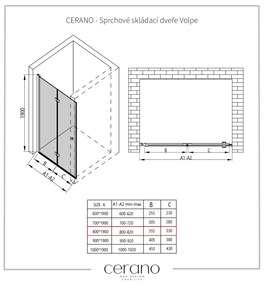 Cerano Volpe, összecsukható zuhanyajtó 80x190 cm, 6mm átlátszó üveg, fekete profil, CER-CER-423328