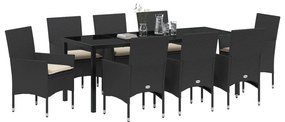 9 részes Kerti Étkezőszett Párnákkal Fekete Poli Rattan, Kerti Asztal Fekete 200x80x73 cm Edzett Üveg
