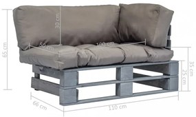 fenyőfa kerti raklapkanapé szürke párnákkal