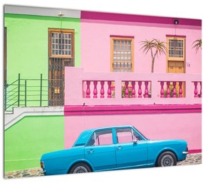 Autó képe - színes házak (üvegen) (70x50 cm)