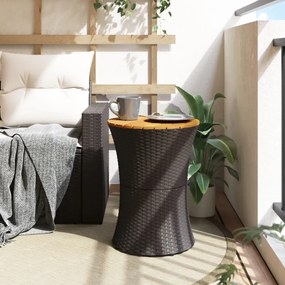 fekete polyrattan és tömör fa kerti dob alakú kisasztal