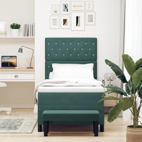 Boxspring ágy matraccal és paddal, sötétzöld, 90x200 cm, bársony