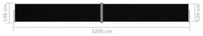 fekete behúzható oldalsó napellenző 140 x 1200 cm