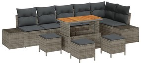 9 darabos kerti sofa szett párnákkal szürke poli rattan akáciával, 2 fős kerti sofa párnákkal szürke poli rattan, 3 darabos kerti étkező szett párnákkal szürke poli rattan akáciával