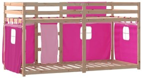 vidaXL rózsaszín tömör fenyőfa emeletes ágy függönyökkel 90 x 190 cm