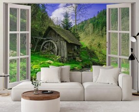 Gario Fotótapéta Ablak - kilátás egy erdei házikóra Anyag: Vlies, Méret: 280 x 200 cm