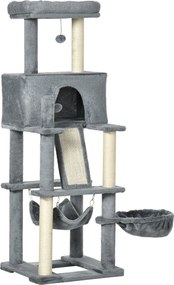 PawHut Macska Kaparófa Felnőtt Macskák és Kiscicák Számára Zsineg Posztokkal, Házzal, Pihenőfelülettel és Plüss Hintákkal, 48x48x140cm, Szürke | Aosom