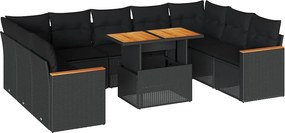 vidaXL 10 részes fekete polyrattan akácfa kerti ülőgarnitúra párnákkal