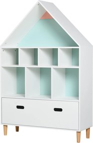 HOMCOM Gyermek Fa Könyvespolc Ház Formájú Könyvespolc 8 Nyitott Rekesszel és Két Színű Fiókkal 82x30x126 cm Fehér | Aosom