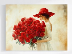 Poszter Nő Piros Kalapban Rózsákkal 100x75