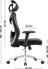 Ergonomikus irodai forgószék, deréktámasszal, 2D háttámla hálós anyaggal, fekete