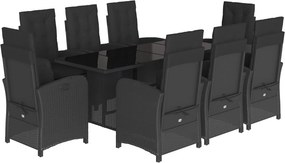 vidaXL 9 részes fekete polyrattan kerti étkezőgarnitúra párnákkal