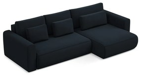 Sötétkék bársony kinyitható-tárolóhelyes sarokkanapé (jobb oldali-heverő résszel) Kapua – Makamii
