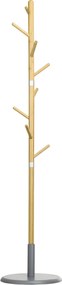 HOMCOM Bambusz Kabát Akasztó Önálló Kabátfa 8 Akasztóval Ruhák Táskák Függesztésére Fával Formázott Kabát Akasztó Ø37,8x175,6 cm Természetes és Szürke