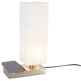 Acél asztali lámpa fehér búrával, érintéssel és indukciós töltővel - Romina