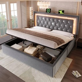 Kárpitozott ágy 140*200 duplaLED Usb C hidraulikus szürke+matrac