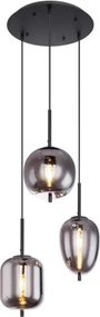 Globo 15345-3 Függeszték fekete fém váz, füstszínű 3 különböző méretű, és formájú üvegbúrával. Ø:460, H:1200, exkl. 3xE14 40W 230V