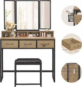 Kozmetikai fésülködőasztal artisan-fekete tükör puff fiókos hajszárító tartó