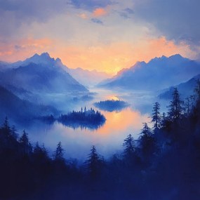 Vászonkép Canvas Tájkép Magas Hegyek Erdő Tó Sziget Kastély 80x80