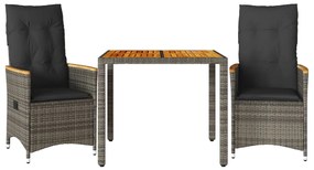 vidaXL 3 részes szürke polyrattan bisztrógarnitúra párnákkal