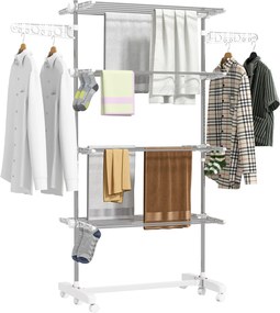 HOMCOM 4 szintes Ruhaszárító Torony Összecsukható Szárnyakkal, Kerekekkel, Belső és Külső Használatra, 142 x 55 x 172 cm, Fehér | Aosom