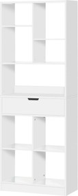 HOMCOM Fehér Könyvespolc Fiókkal és 9 Tárolórekesszel, 60x26x158 cm | Aosom