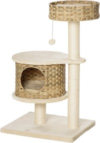 PawHut Rattan Macska Fa 95 cm Magas 3-Szintes Macska Fa Platformmal, Macska Ággyal, Mászó Fa Macska Barlanggal, Szizál Kérgekkel, Játék Labdákkal - Te